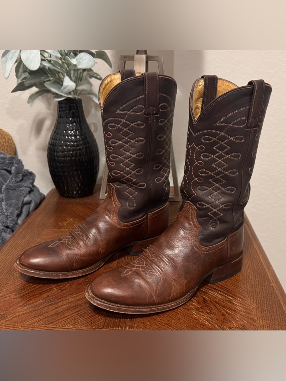 Tony Lama Brown and Dark Brown Leather Cowboy Boots